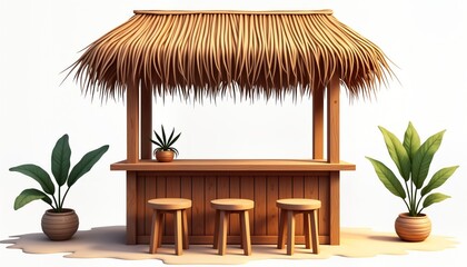 Tropical wooden tiki bar on beach. Stylish bar stand with thatched roof. Three stools for customers. Perfect for vacation party. Relaxing place on beach. Good for drinks, cocktails. Fresh fruit,