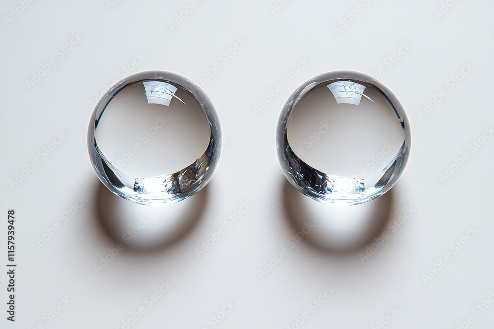 Poster two crystal spheres reflect light, creating a symmetrical and minimalist image.
