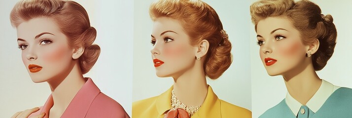 Three elegant women showcase timeless beauty and fashion in striking poses against a colorful backdrop.