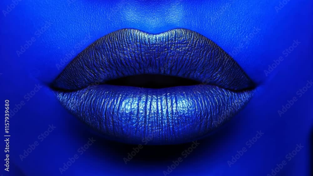 Poster vibrant blue lips with shimmering texture against a dark backdrop creating an artistic and bold visu