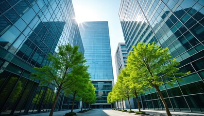 Obraz premium Corporate glass buildings with green trees in a courtyard. Modern eco friendly architecture. Sustainability concept. Urban landscape. Business eco practices. Reflecting green leaves on glass facade.
