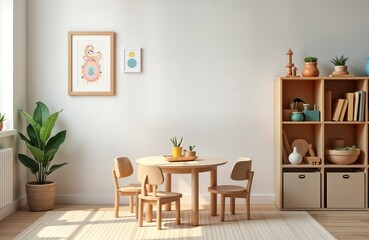Stylish playroom interior with wooden table, chairs. Shelves, colorful toys displayed near white wall. Cozy, comfortable space suitable for children. Modern design elements create fun, learning