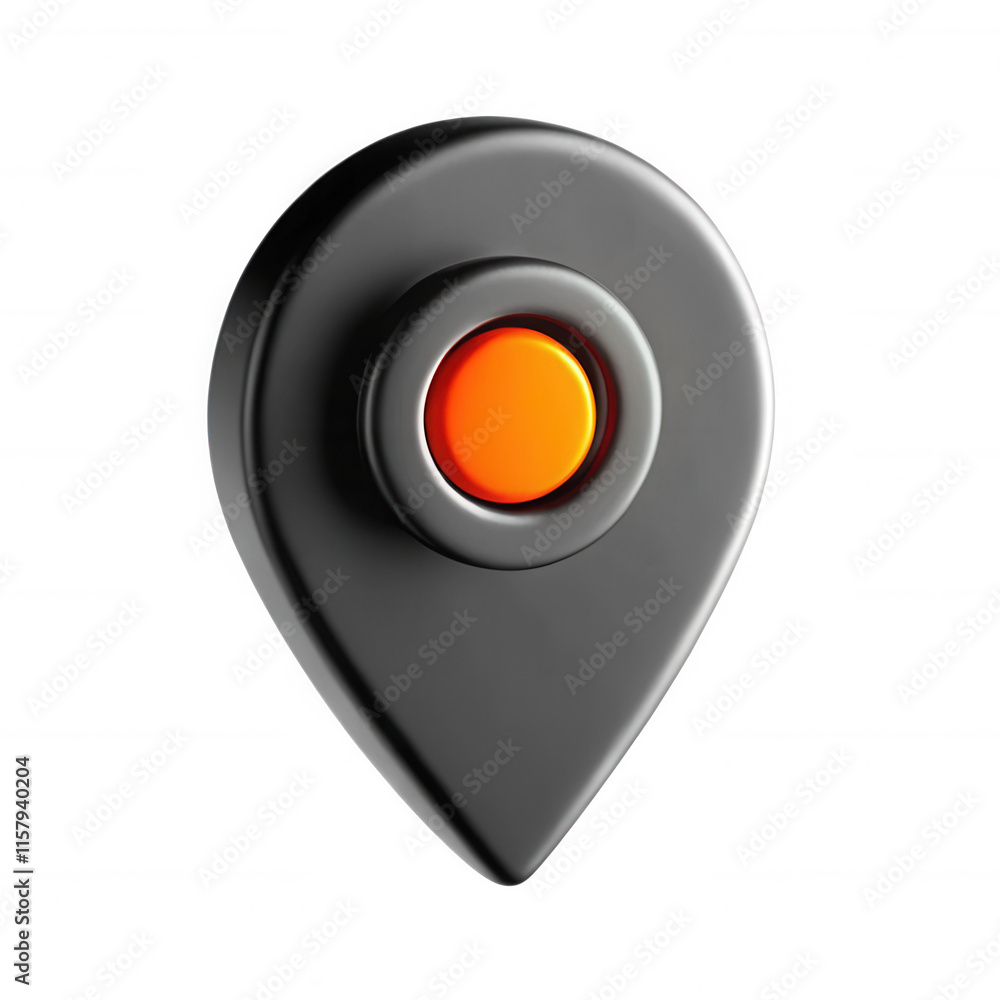 Poster a sleek 3d rendering of a black map pin icon with an orange center, designed for modern digital appl