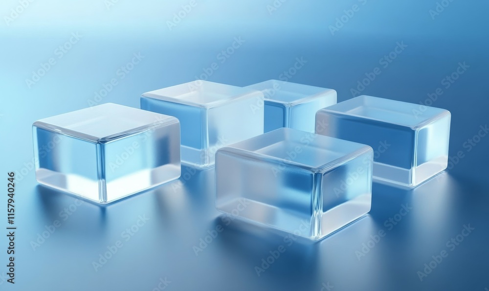 Poster translucent blocks on a blue surface. innovative tech aesthetic with copy space. 3d render.
