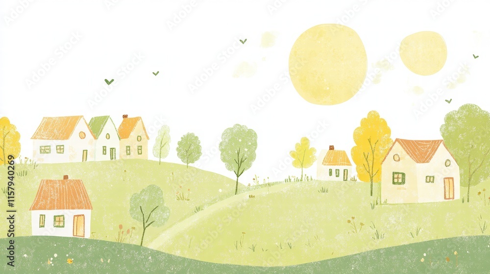 Aufkleber charming naive art style landscape with colorful houses and serene hills providing ample space for c