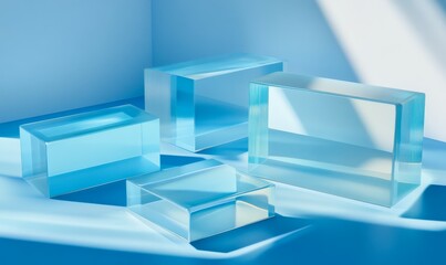 Obraz premium Translucent Blocks on a Blue Surface. Innovative Tech Aesthetic with copy space. 3D Render.