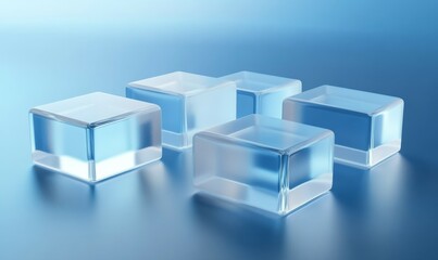 Obraz premium Translucent Blocks on a Blue Surface. Innovative Tech Aesthetic with copy space. 3D Render.
