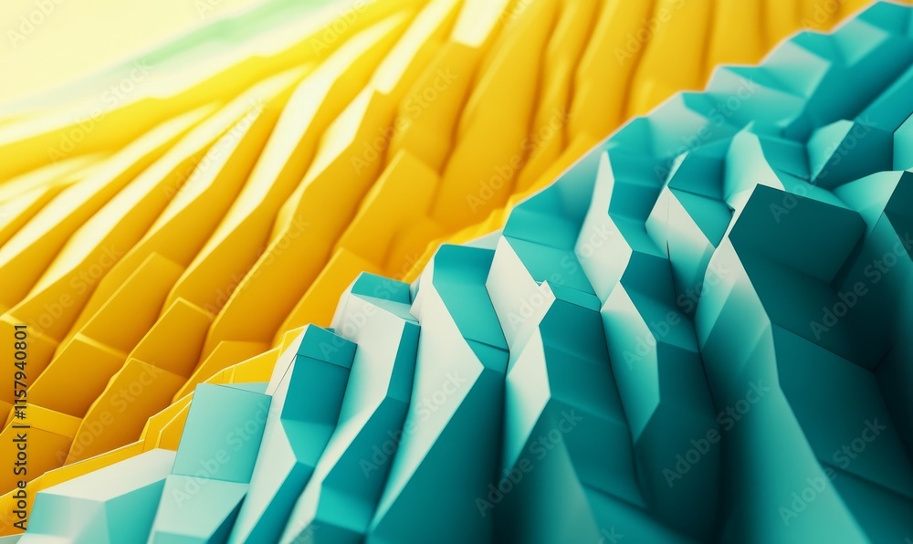 Poster turquoise and yellow tech background with a geometric 3d structure. clean, stepped design with extru