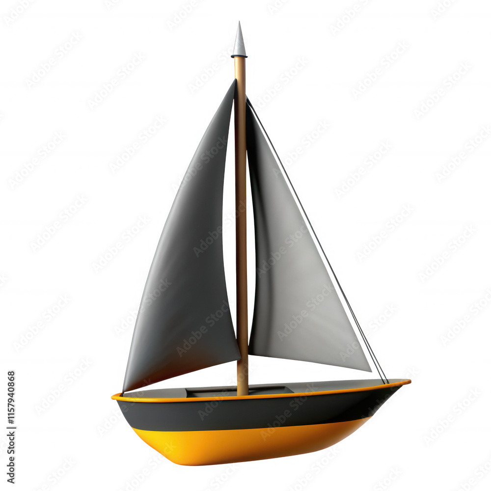Poster a 3d model rendering of a sailboat featuring a black and orange color scheme, perfect for nautical t