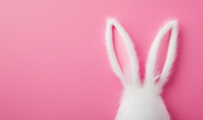 White Rabbit Ears against Pink Background. Easter concept with copy-space. .