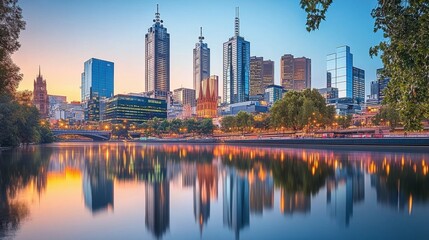 Fototapeta premium Scenic City Reflections at Twilight Over a River