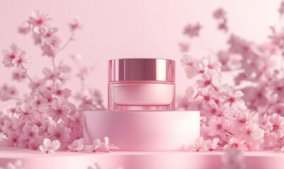 Two pink cosmetic cream jars on a pink pedestal surrounded by cherry blossom flowers. Soft monochromatic pink background with floral elements. Mockup