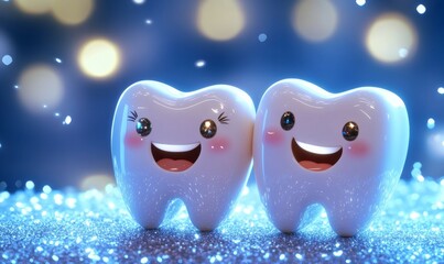 Two smiling tooth characters with glowing faces on a sparkling blue background. 3D illustration in playful style. Oral hygiene and dental care concept for children.