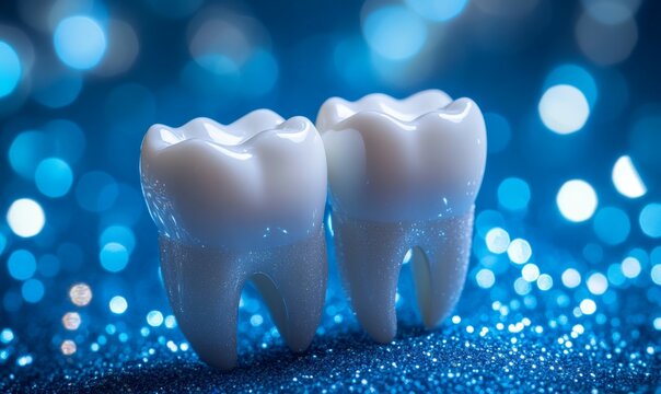 Two shiny teeth figurines with sparkling details on a glittery blue background. Dental hygiene and care concept for design and print