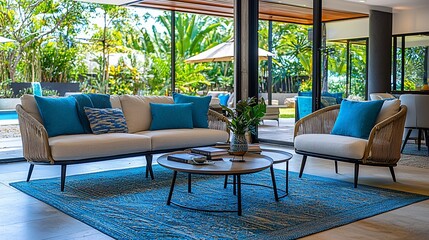 Modern living room with white sofa, turquoise accents, and pool view.