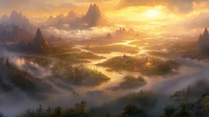 Scenic Landscape with Winding Rivers Through Valleys