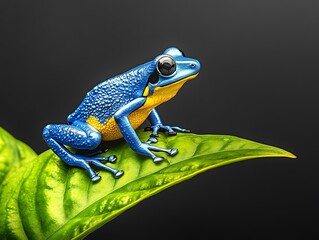 Fototapeta premium Hyper realistic wild animals, Vibrant Blue Poison Dart Frog on Leaf