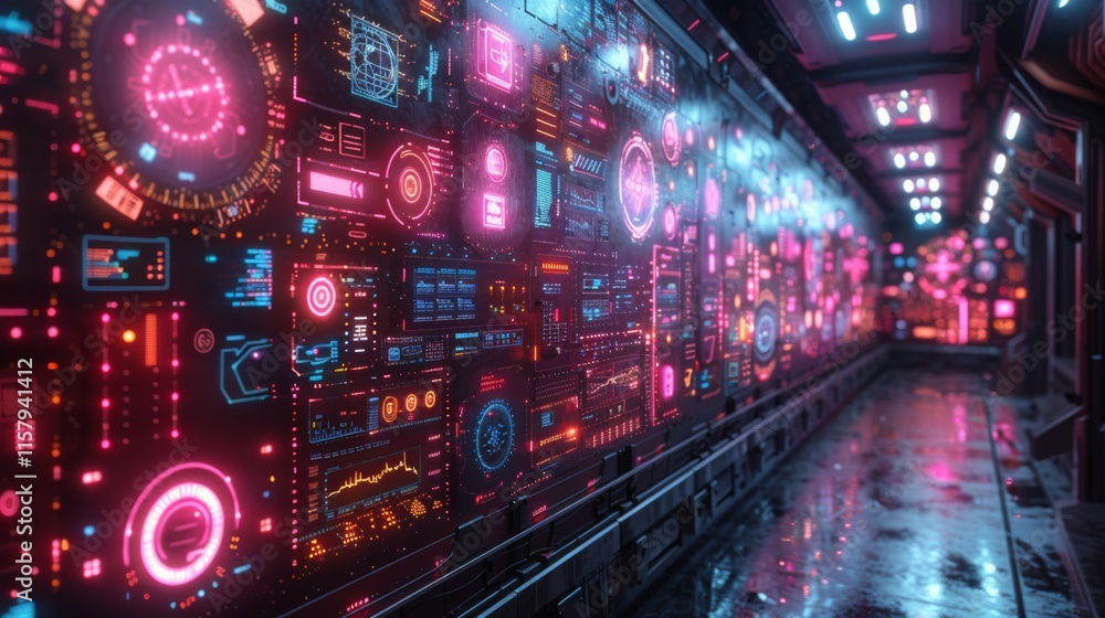 Poster conceptualize a neon exhibit of computer animation symbols, including shimmering