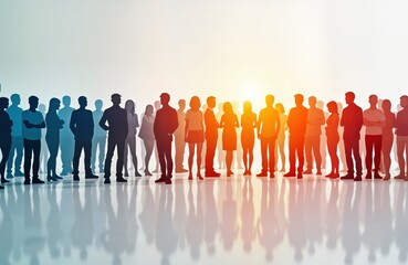 Large diverse group of people standing together in colorful illustration. Silhouettes varied in color, position. Appear to at meeting social gathering. Illustration highlights unity, togetherness
