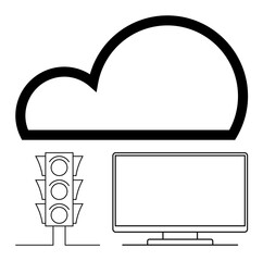 Cloud-shaped outline above traffic light and computer monitor suggests digital connectivity and automation. Ideal for tech infrastructure, smart cities, data management, IoT, cloud computing, AI