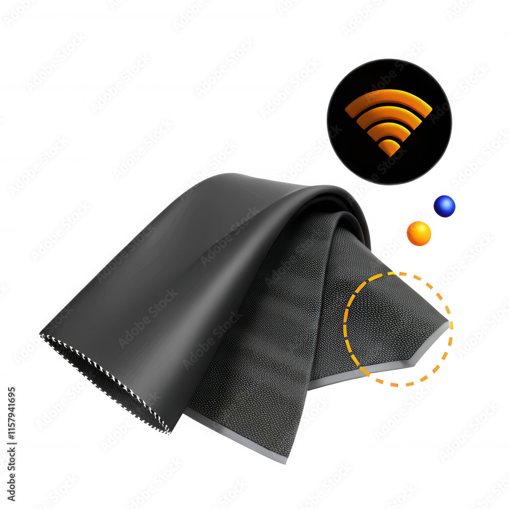 Poster this image showcases a black fabric with a textured surface, accompanied by an icon representing wir