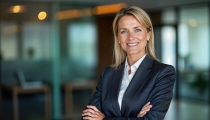Confident mature businesswoman stands in office. Wears business suit, white shirt. Arms crossed. Modern office background slightly blurred. Successful, pro female leader in corporate environment.
