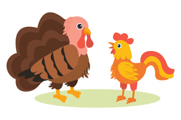 Colorful cartoon turkey and rooster standing together on green grass