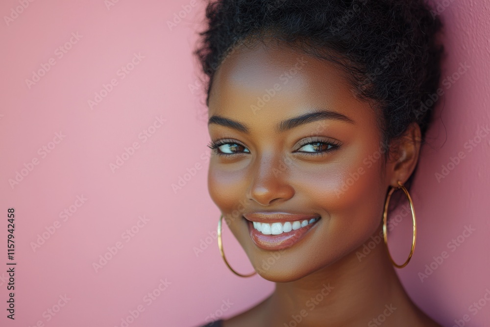 Wall mural Smiling woman with short hair poses against a pink background in bright sunlight in a cheerful outdoor setting