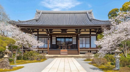 Obraz premium Serene Cherry Blossom Garden with Framed Shrines