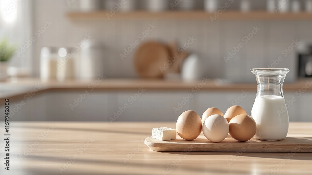 Poster ingredients for baking displayed on a wooden kitchen counter with ample space for text and creativit