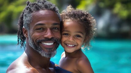 A joyful moment between a father and daughter by a picturesque water backdrop.