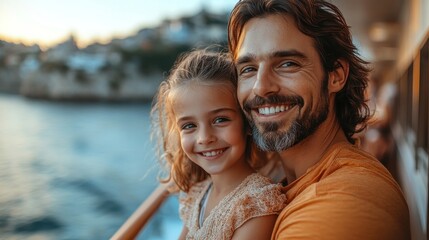 A joyful moment between a father and daughter by the water during sunset.