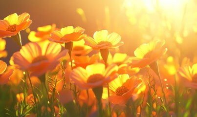 Obraz premium Vibrant marigold flowers glowing in warm sunlight, their layered petals richly textured.