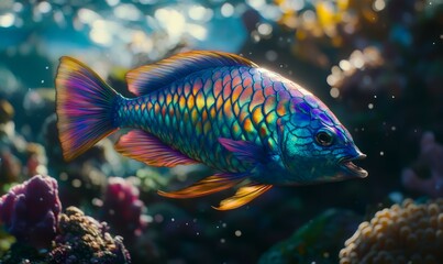 Fototapeta premium Vibrant parrotfish swimming through coral reefs, its scales shimmering with iridescent hues.