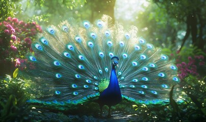 Obraz premium Vibrant peacock displaying its dazzling tail feathers in a lush garden, every detail a burst of color.