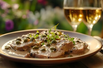 Close-up of Vitello Tonnato: tender veal slices with creamy tuna sauce and capers, on a rustic plate in a sunlit Italian garden, wine nearby