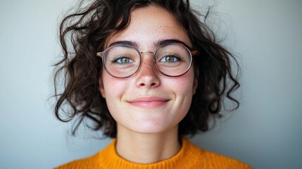 Obraz premium Cheerful Young Woman with Curly Hair and Glasses