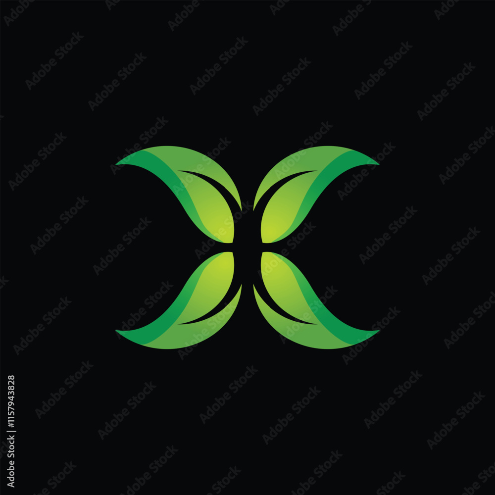 Aufkleber the image shows a flat monogram logo design of an initial letter x in green color comprised of leave