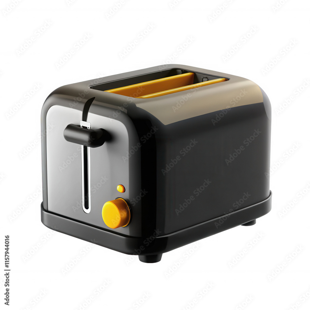 Poster a sleek black toaster model with a shiny finish and an orange button. ideal for modern kitchens and 