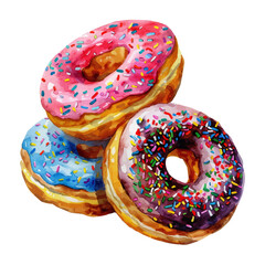 A watercolor vector painting of American donuts with sprinkles and glaze, isolated on a white background. American donuts vector.

