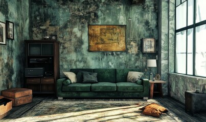 Wabi-Sabi Living Room. Contemporary Interior Design Background. .