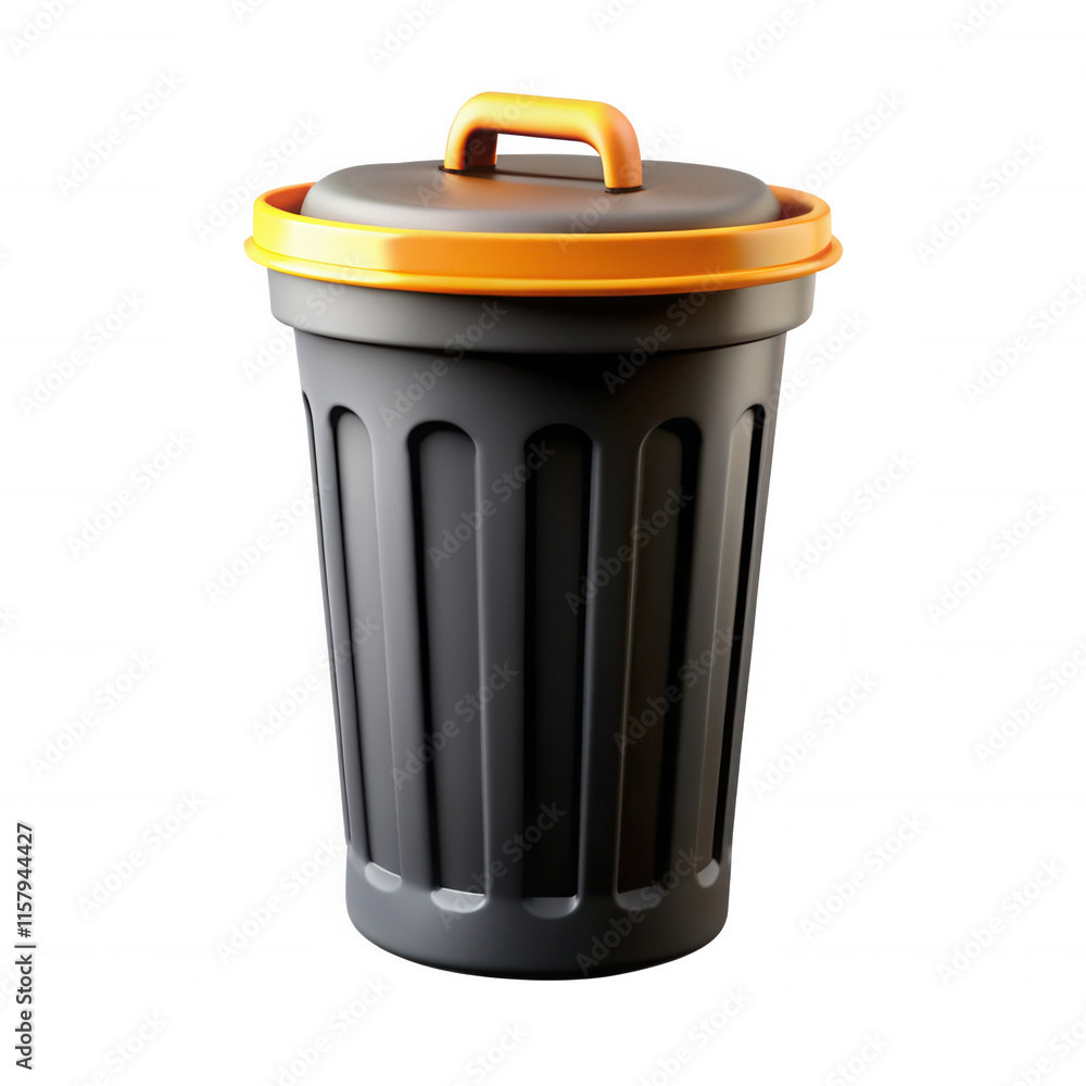 Aufkleber a realistic 3d model of a black trash can with an orange lid. the design features vertical grooves a