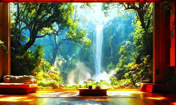 Stunning waterfall cascading into a serene pool surrounded by lush green forest under radiant sunlight. Perfect for nature, travel, tranquility, outdoor adventure, and scenic visuals with vibrant colo