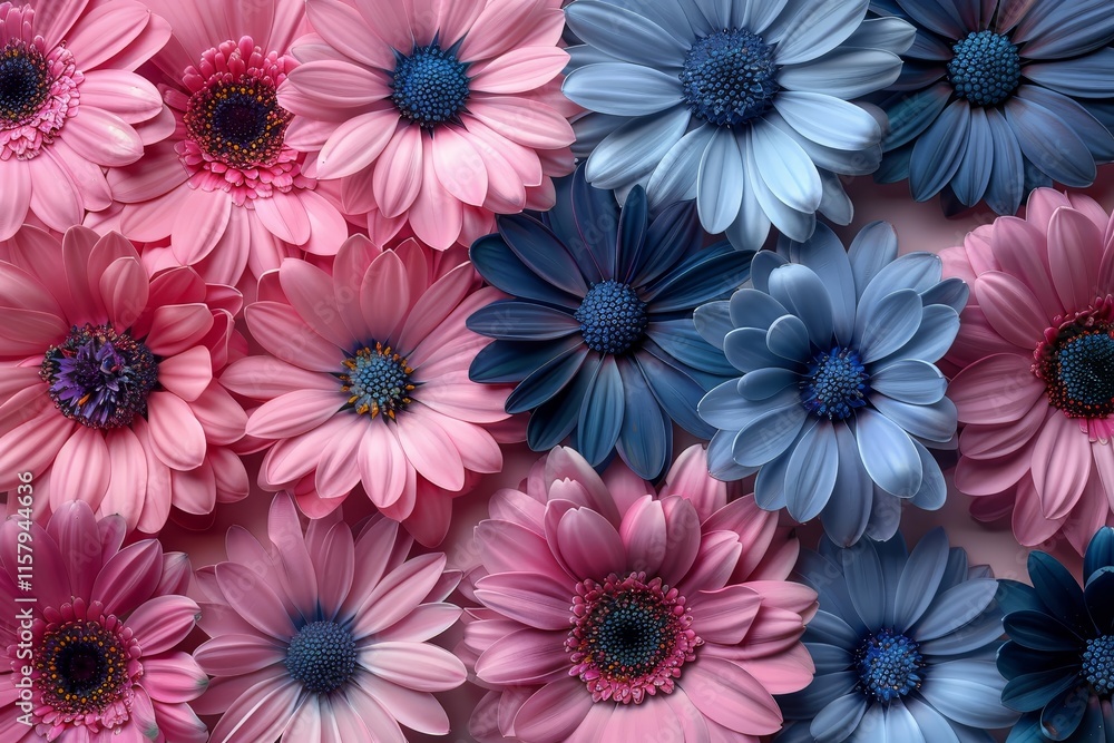 Poster a vibrant collection of artificial flowers features various shades of pink and blue. the display inc