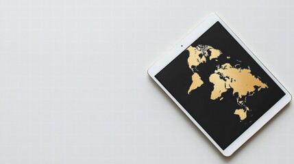 Modern flat lay of a tablet displaying a world map with ample copy space for text and creative designs. Generative AI