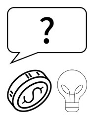 Question mark inside speech bubble, coin with dollar sign, and lightbulb symbolizing curiosity, financial decisions, and ideas. Ideal for business strategy, investments, innovation, economic