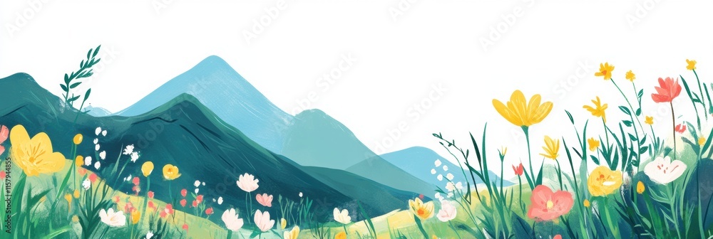 Poster doodle capturing colorful mountain slopes adorned with vibrant flowers and ample space for text. gen