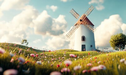 White mill on the grass of the field