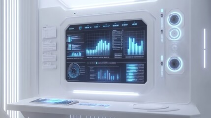 Obraz premium Financial dashboard for global economy trends, futuristic minimalism, white background with blue accents, 