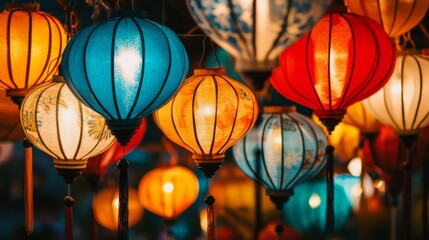 Vibrant Lanterns Illuminate Busy Urban Market Scene